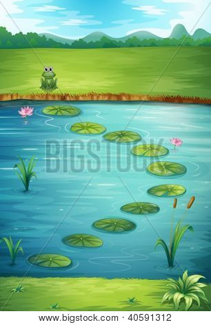 Illustration of a frog and a lake in a beautiful nature
