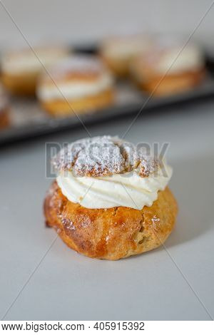 Traditional Home Made Swedish Semlor Pastry On A Table