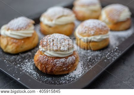 Traditional Home Made Swedish Semlor Pastry On A Table
