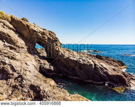 Spanish Rocky Coastline. Mediterranean Region Of Villaricos, Almeria, Eastern Andalusia.
