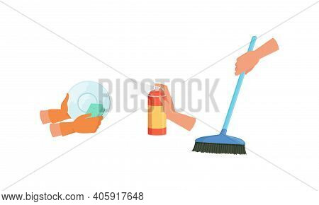 Woman Hand With Cleaning Tool Set, Female Hands Washing Dish, Sprayer Bottle, Brush, Housework Suppl