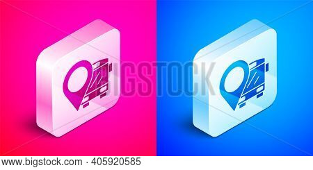 Isometric Location With Bus Icon Isolated On Pink And Blue Background. Transportation Concept. Bus T