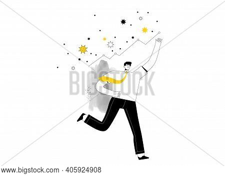 Happy Businessman Runs Along With His Business Statistics Rising. Profit Growth Concept Despite Coro