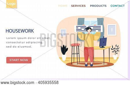 Housework Landing Page Template With Man Proprietor Standing In Room Holding Notice Board At Home. S