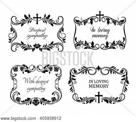 Funeral Cards, Vector Vintage Condolence Floral Wreaths, Ornament With Flourishes, Cross And Obituar