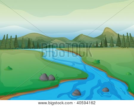 Ilustração de um rio, uma floresta e montanhas