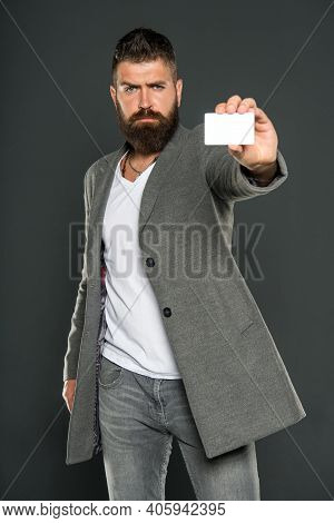 Businessman With Credit Card. Business Fashion And Dress Code. Brutal Man With Hipster Beard. Bearde