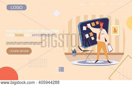 People Organizing Their Tasks And Appointments Landing Page Template, Businessman Stands At Blackboa