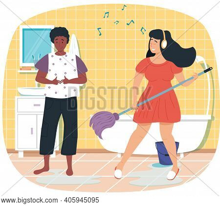 Girl With Headphones Sings Song And Washes Floor. Woman Plays Mop Like Guitar. Girlfriends In Bathro