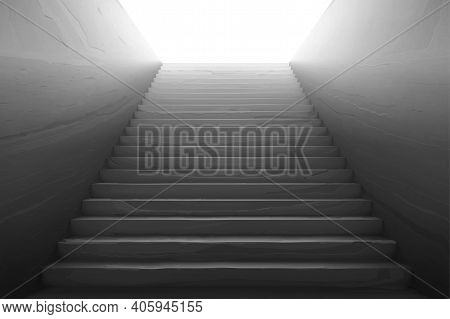 Old Staircase With Broken Concrete Steps, Scratches On Wall And White Light On Top. Vector Realistic