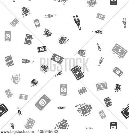 Set Electric Plug, Broken Robot, Battery And Turn Off From Phone On Seamless Pattern. Vector
