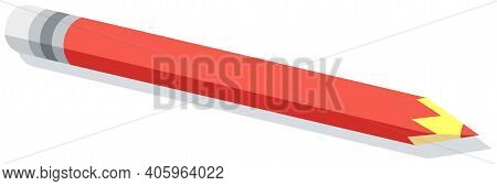 Vector Red Pencil With Gray Eraser Isolated On White Background. Sharpened Wooden Pencil With Edges.