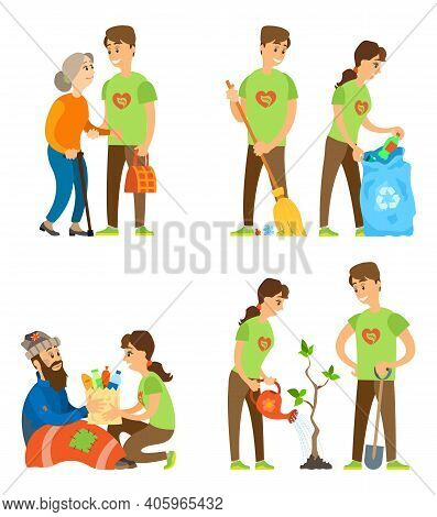 Person Activist Helping Grandmother, People Scavenging, Female Volunteer Charity To Vagabond, Man An