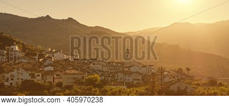 Valencian Town Of Benimantell Town During Sunset, Comarca Of Marina Baixa, Province Of Alicante, Hor