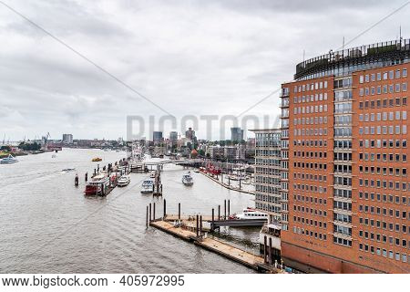 Hamburg, Germany - August 4, 2019: High Angle View Of The Warehouse District Or Speicherstadt. Sandt