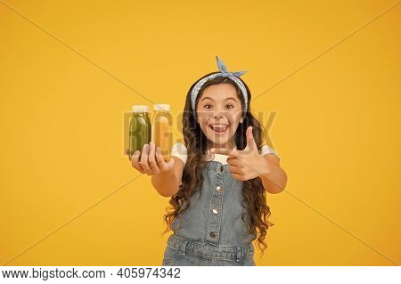 Supermarket Promotion. Living Healthy Life. Vitamin Juice. Fresh Smoothie. Girl Drinking Orange Fres