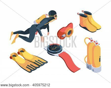 Diving Isometric. Aquatic Sport Symbols Scuba Flippers Underwater Diving Cylinders And Professional 