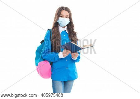 Learning Must Go On. Little Child In Face Mask Read Book. School Education During Covid-19. Safe Lea