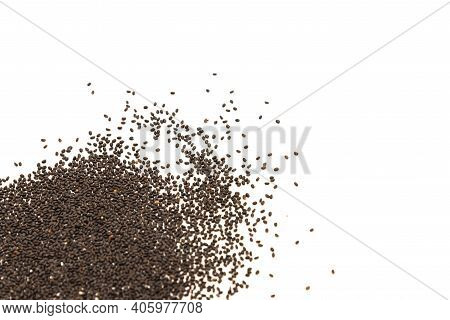 Many Basil Or Ocimum Basilicum Seeds Spreading On Isolated White Background
