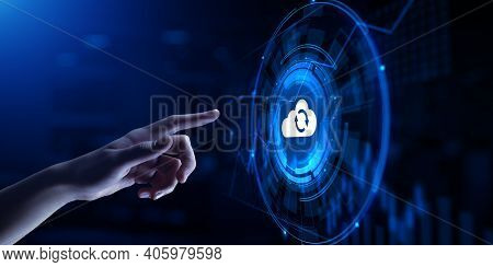 Cloud Technology Concept. Computing Data Storage. Software Infrastructure. Hand Pressing Button.