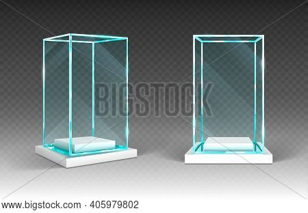 Glass Showcase, Display, Exhibit Stand, Transparent Box Front And Angle View On Wood Or Plastic Base