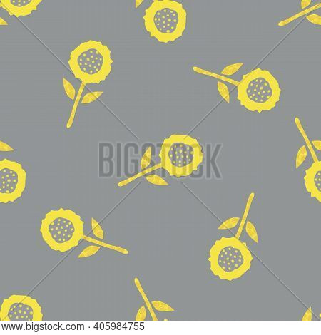 Scribbled Abstract Flower And Textured Stems With Leaves. Vector Seamless Pattern Background. Backdr