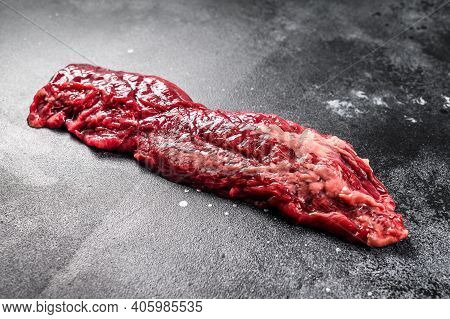 Raw Skirt, Machete Steak. Black Background. Top View
