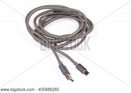 High Quality Braided Cable With Plugs Usb Standard A And Micro-usb Standard B At The Edges On A Whit