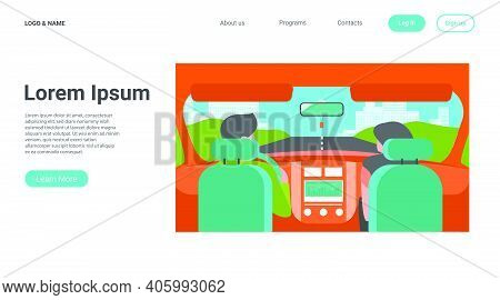 Couple Riding Vehicle. Back View Of Driver And Passenger Inside Car Interior. View From Backseat. Ve