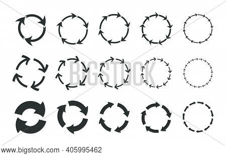 Recycling Circular Arrows Set. Cycling Circles, Reload Symbols, Graphic Monochrome Round Loop Shapes