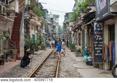 Hanoi, Vietnam : 26/03/2019 : Tourist Visit Hanoi Train Street A Funky Little Area And Popular Torui