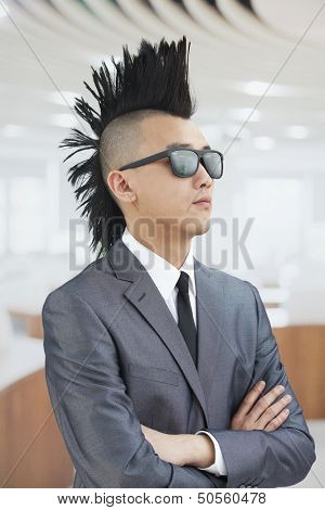 Well-dressed young man with Mohawk and sunglasses