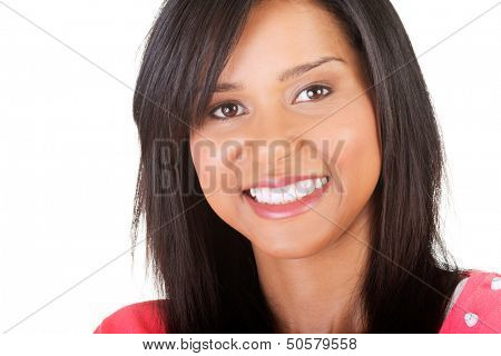 Young happy woman portrait. Isolated on white. 