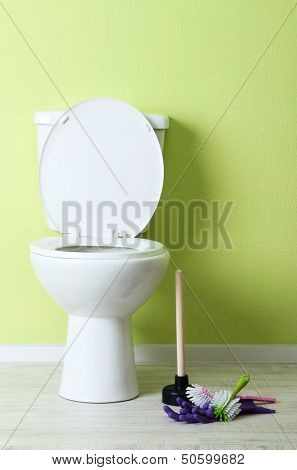 White toilet bowl and cleaner things in a bathroom