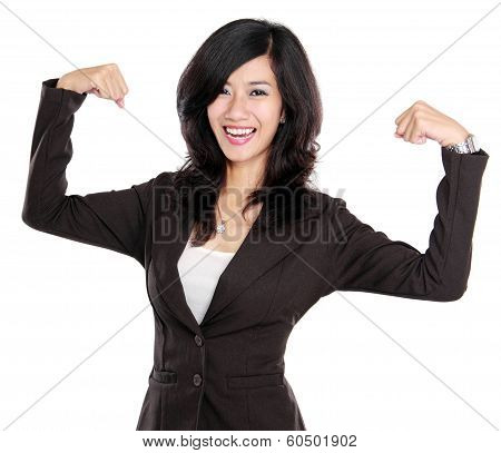 Excited Businesswoman Raised Her Hands Showing Strong Concept