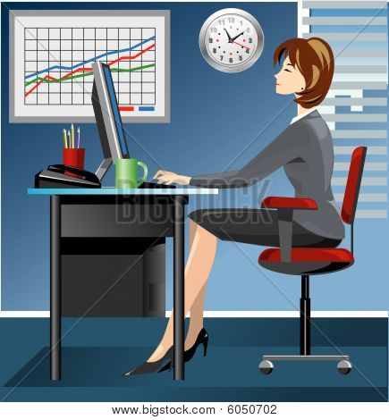 Donna d'affari in ufficio, lavorando sul computer