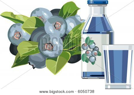 Succo di mirtillo con bottiglia e bicchiere