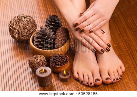 beautiful brown manicure and pedicure on the broun