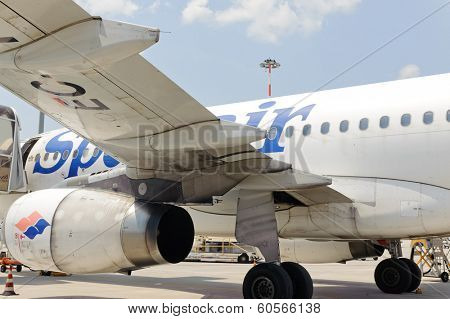 VENICE, ITALY - JUNE 12, 2011: Spanair jet airplane landed on June 12, 2011 in Venice, Italy. Spanair S.A. was a Spanish airline. The last passenger flight was JK1326 from Trondheim to Las Palmas.