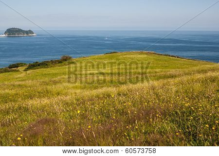 View Of Zarautz With Guetaria On The Background On A Bright Sunny Summer Day.