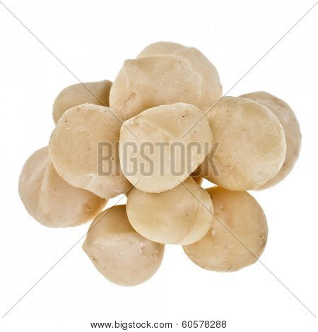 Peeled macadamia nuts heap isolated on white background 