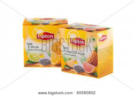 KRAKOW, POLAND - FEB 8, 2014: Studio shot packs of Lipton Pyramid Tea in assortment isolated on white. Lipton is a world famous brand of tea - founded 1890 and named after its founder Thomas Lipton.