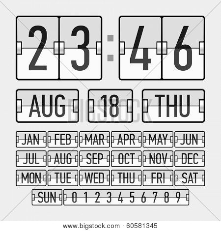 Flip clock template with time, date and day. Vector.