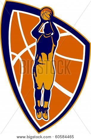 Basketball Player Jump Shot Ball Shield Retro