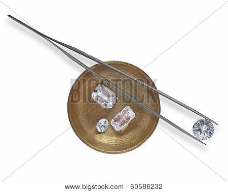 Diamonds In A Working Tray And Tweezers