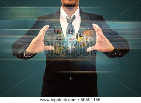 Businessman Holding Reaching Images Streaming In Hands