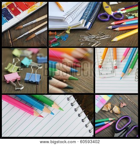 Collage showing school material including pencil, notebook and brushes