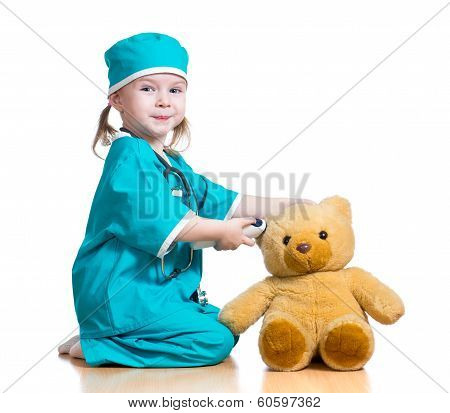 Doctor Girl Playing And Measuring  Temperature Toy Isolated On White