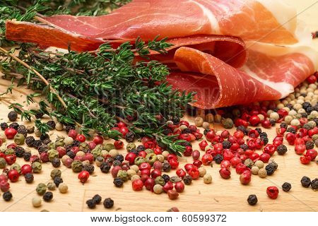 Dry Thyme, Multicolored Peppercorn And Hamon