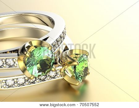 Golden Ring with Diamond. Jewelry background. Peridot
